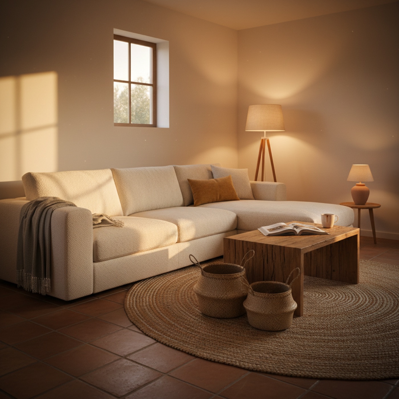 A whole living room with a boucle sofa, jute rug, woven baskets and lamps lit