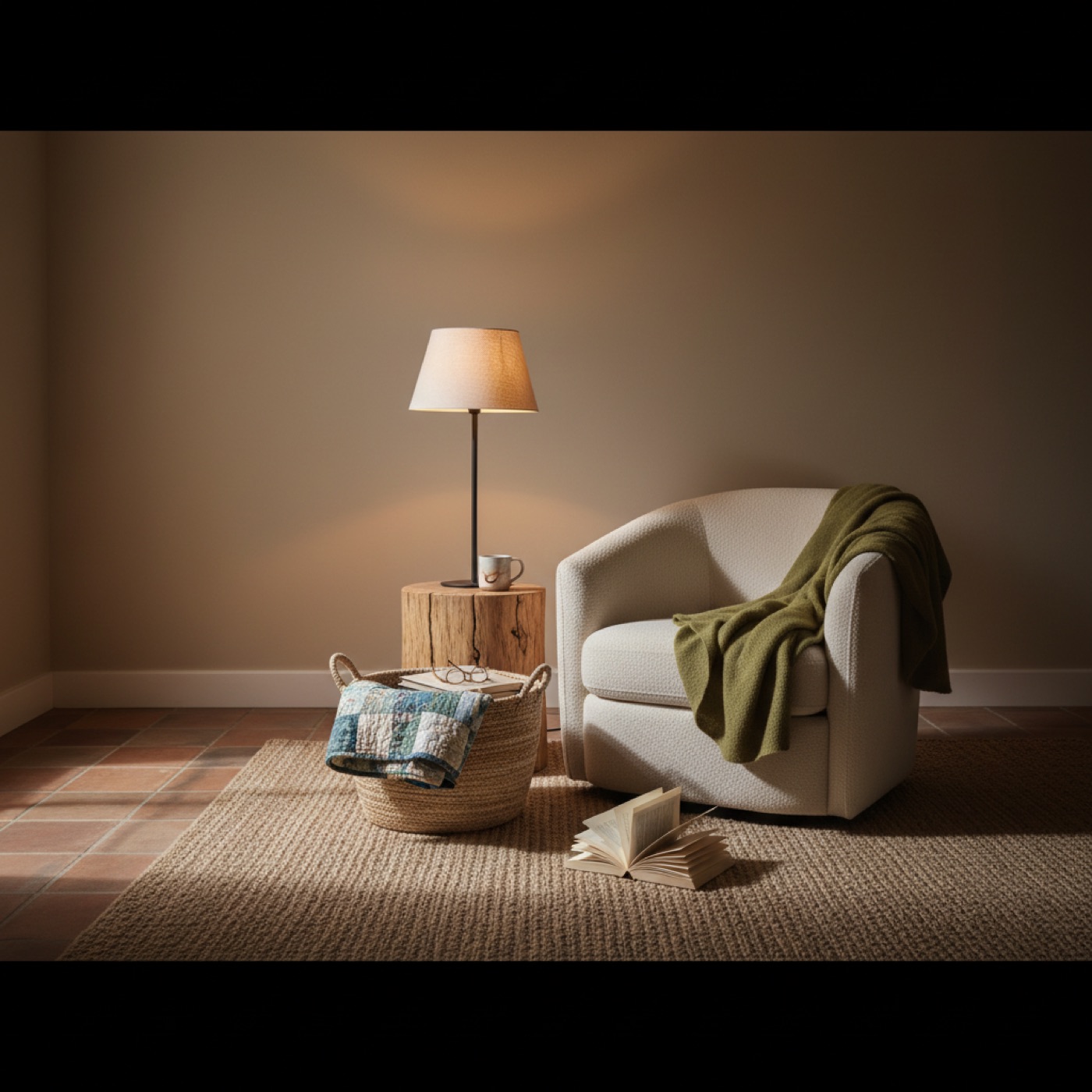 A lived-in reading room with a woven floor basket, boucle armchair and jute rug